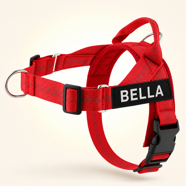 Red SafeWalk No-Pull 2.0 harness with BELLA name patch on a warm ivory background