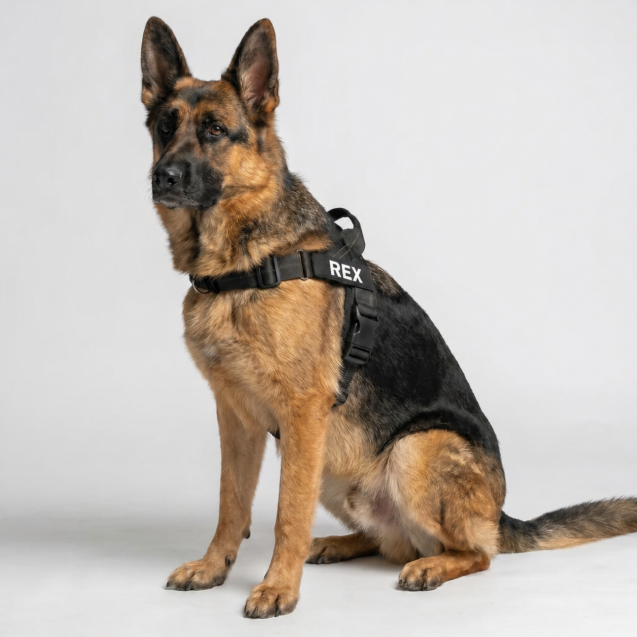 Large German Shepherd wearing a black SafeWalk harness with an English REX name patch