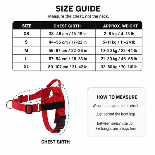 SafeWalk harness size guide and chest-girth measurement instructions