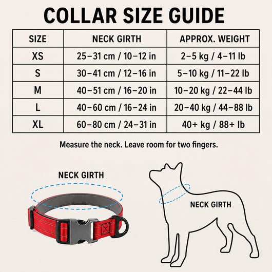 SafeWalk padded collar neck-girth size guide from XS to XL